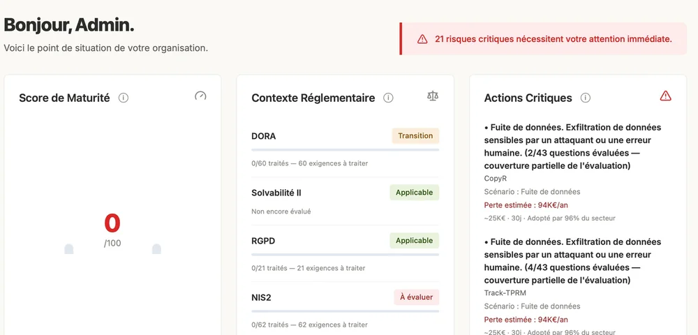 KrakIn — Tableau de bord d'accueil : score de maturité, contexte réglementaire, actions critiques